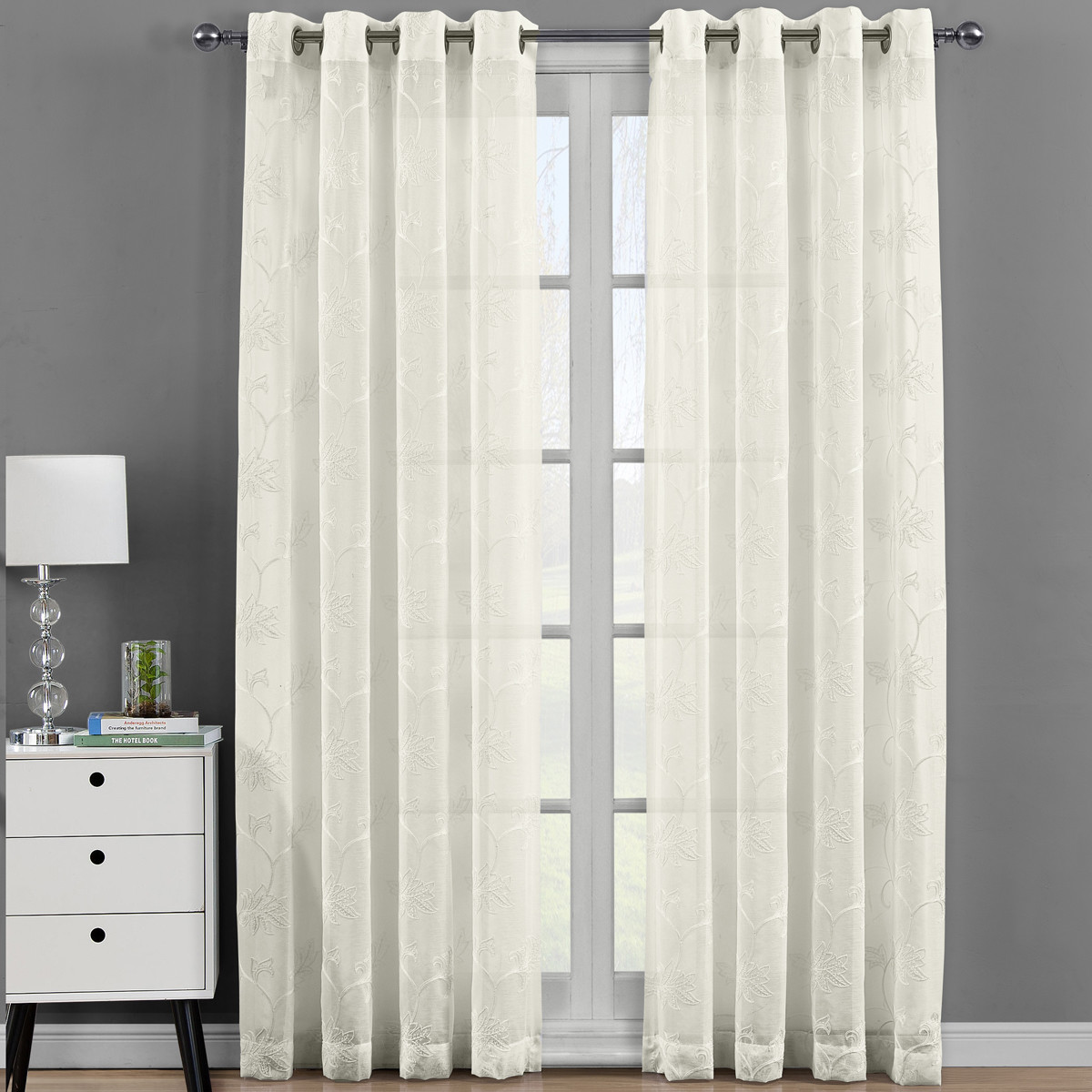 Luxury Andora Embroidered Panels Grommet Top Sheer Window Curtain (Set of 2)