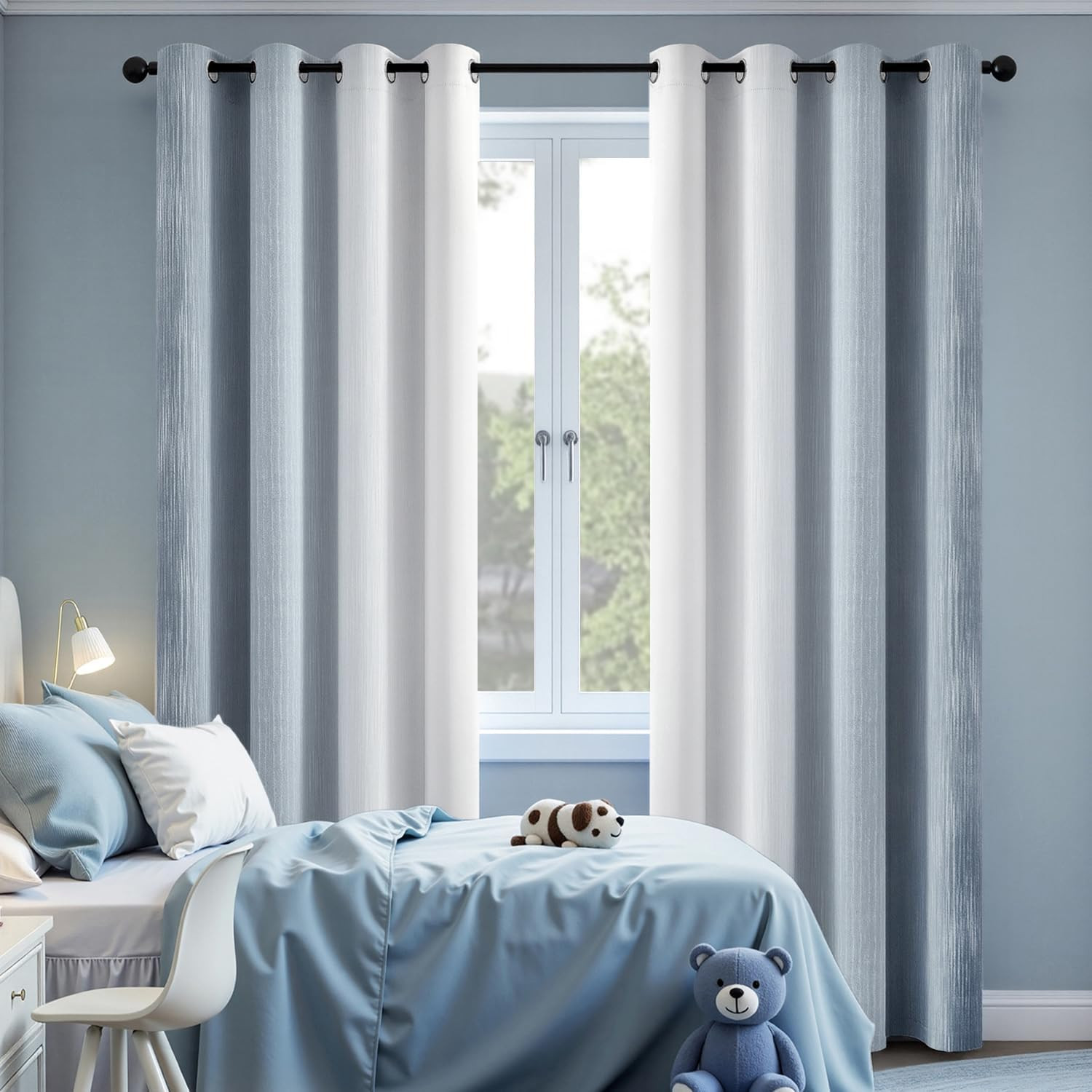 Chambray Blue and Greyish White Ombre Blackout Curtains, Full Room Darkening The