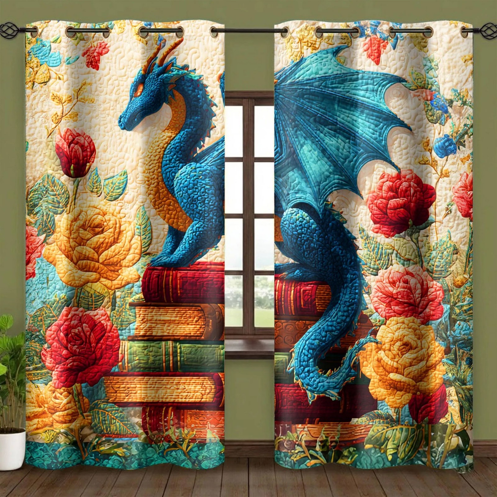 Blue Dragon Bookish Curtains Fantasy Books Roses Window Panels Book Lover Decor