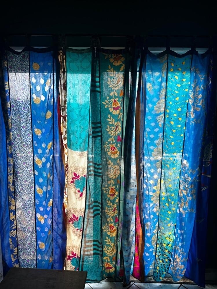 Indian Vintage Sari Patchwork Curtain Drape Window Boho Decor Silk Blue Curtain