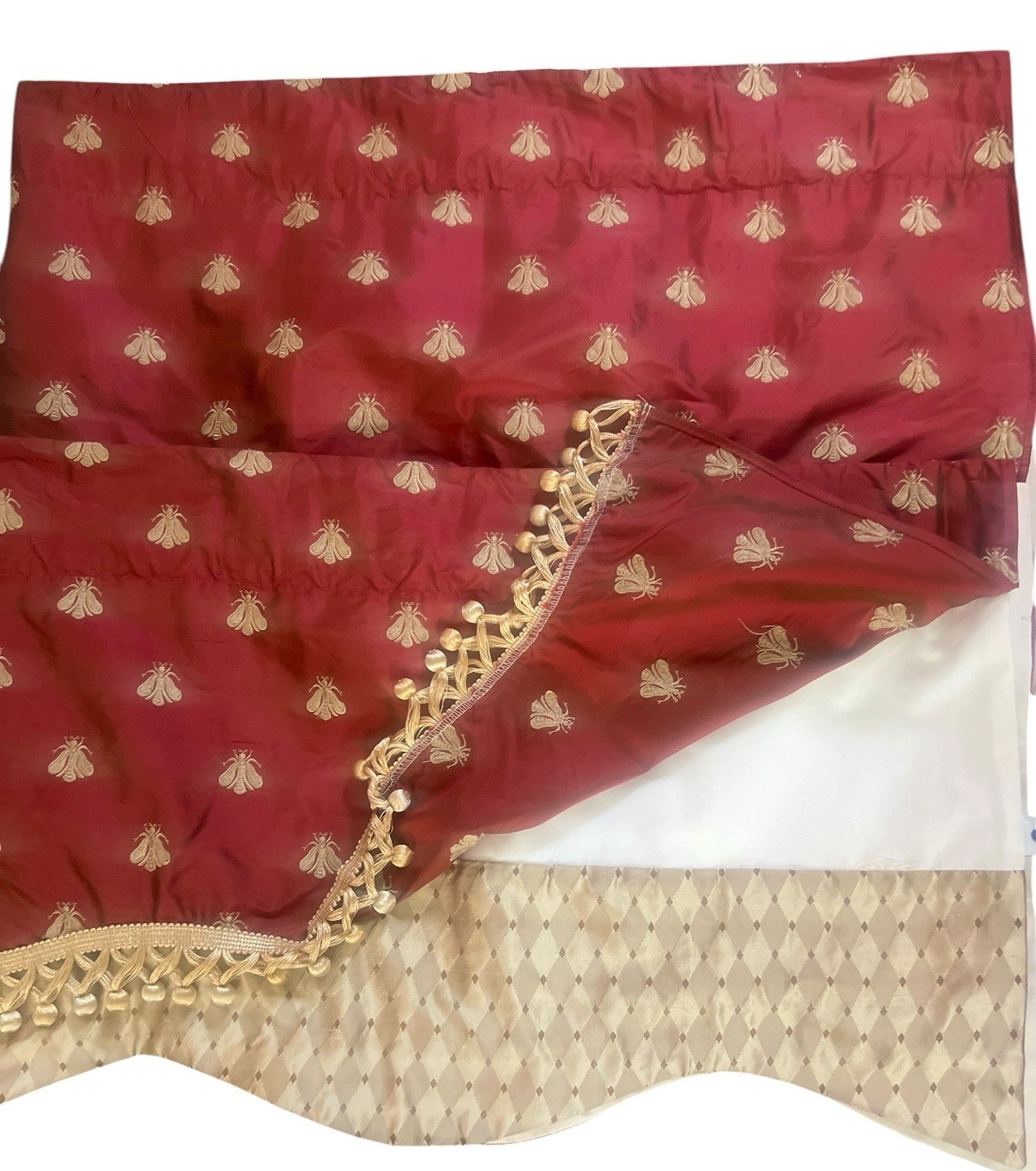Pair Pure Silk Empire Valances Embroidered Gold Bees Scalloped Fringe 52 X 16