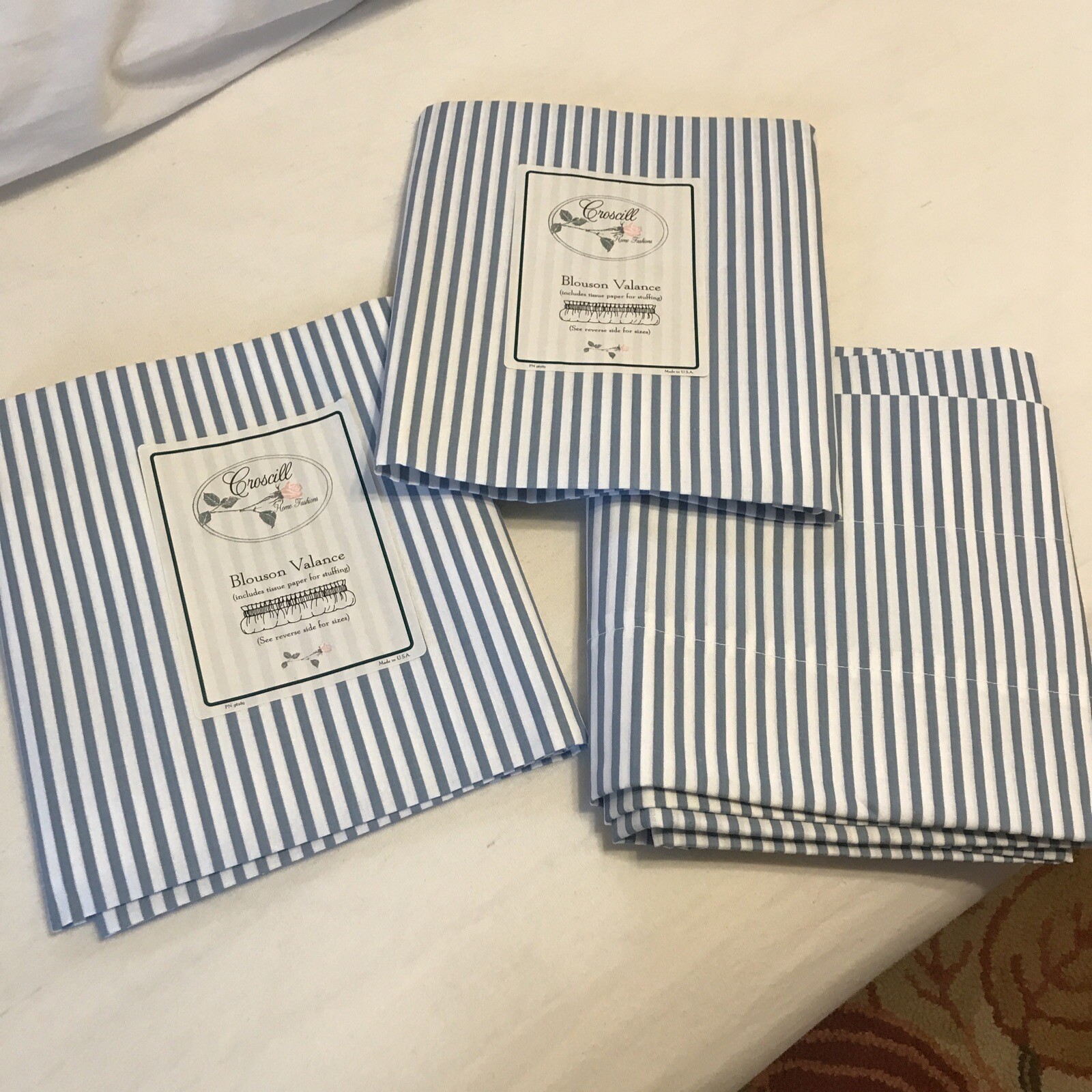 Three (3) Croscill Blouson Valances Blue/White Striped 18.5″ L x 88″ W NWT
