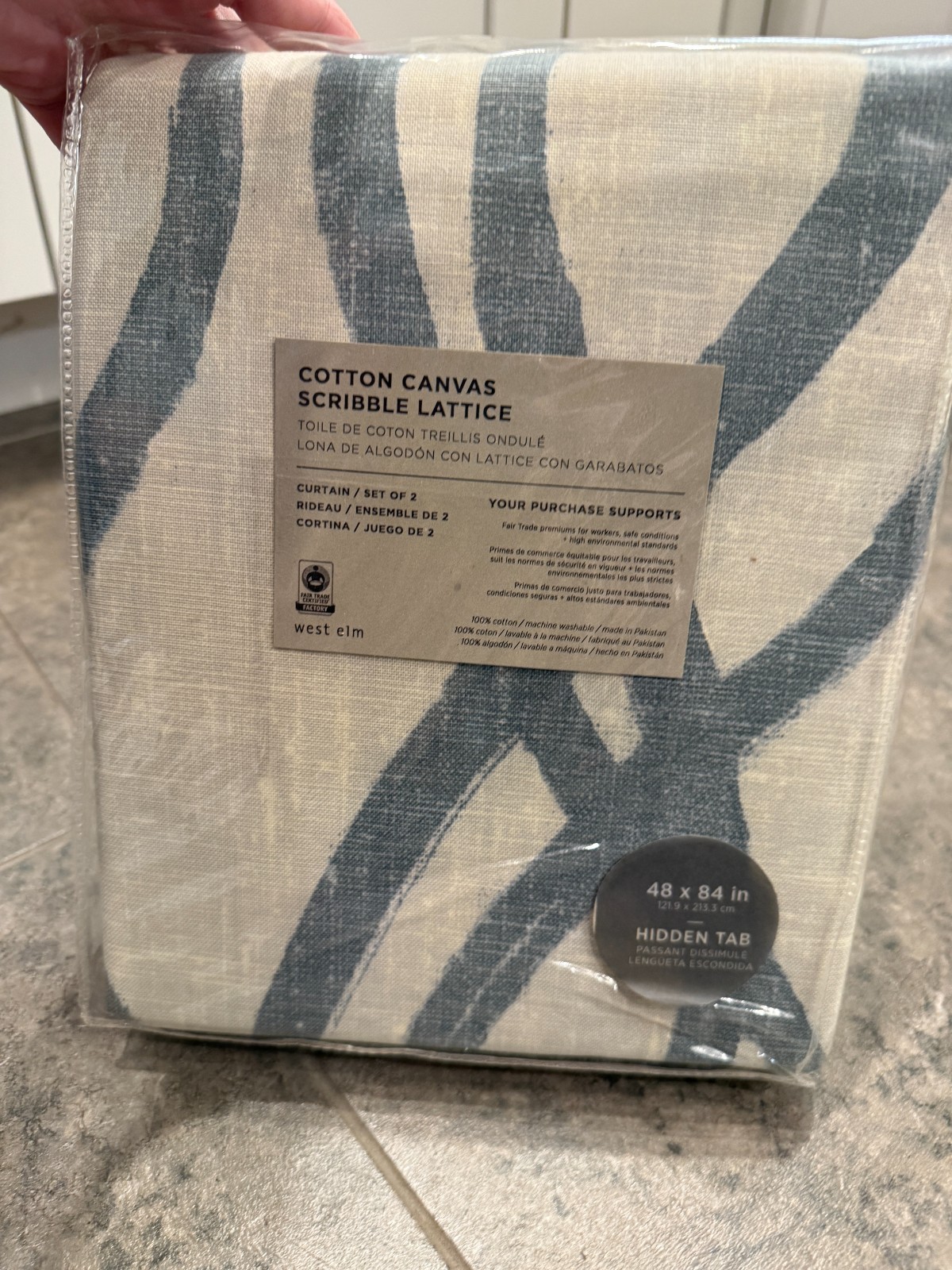 West Elm Scribble Lattice Cotton Canvas Curtain Set of 2 Ivory & Blue 48″ x 84”