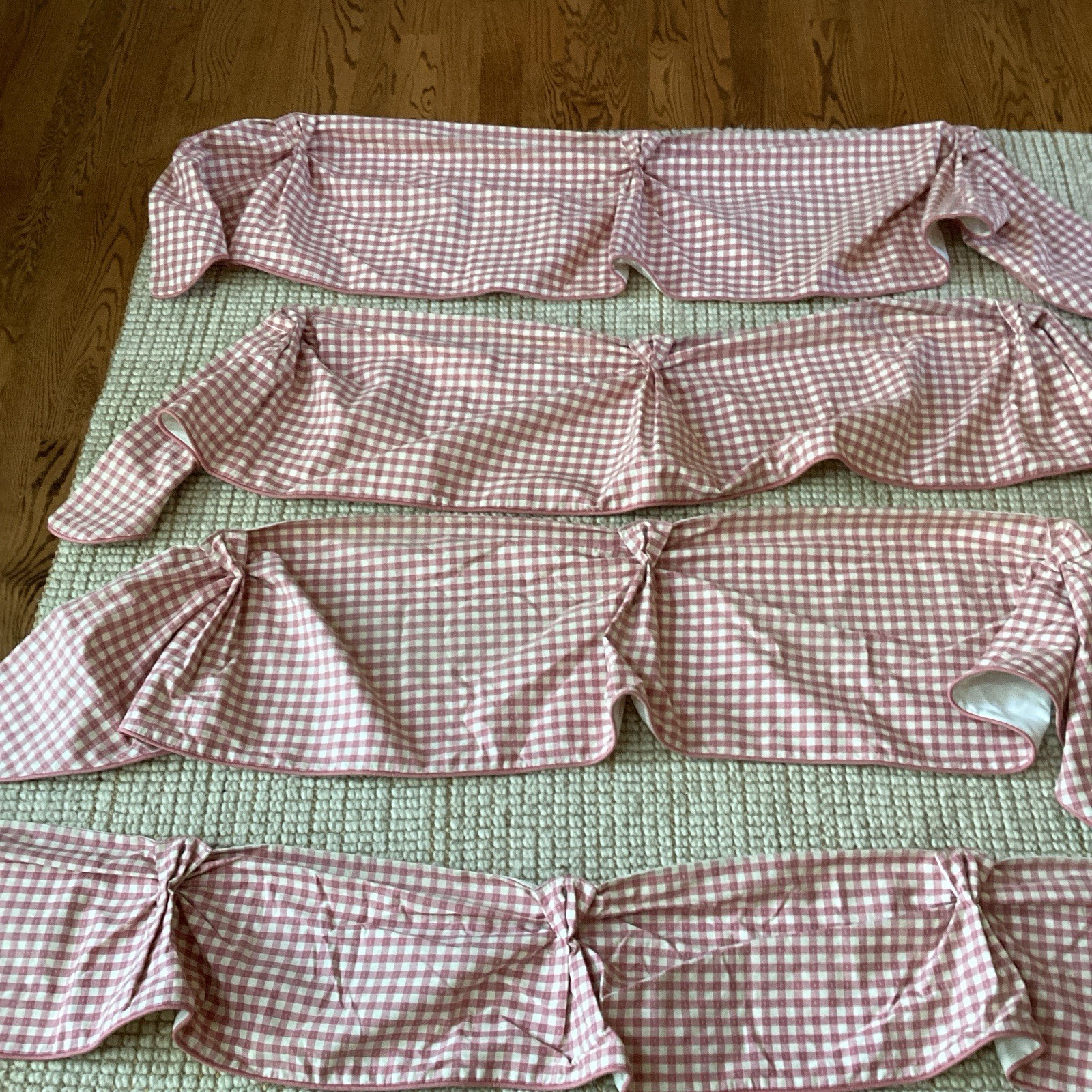 4 Custom Made Pink Gingham Window Valance Swag Lined Piping 14×54″ and 11×69″