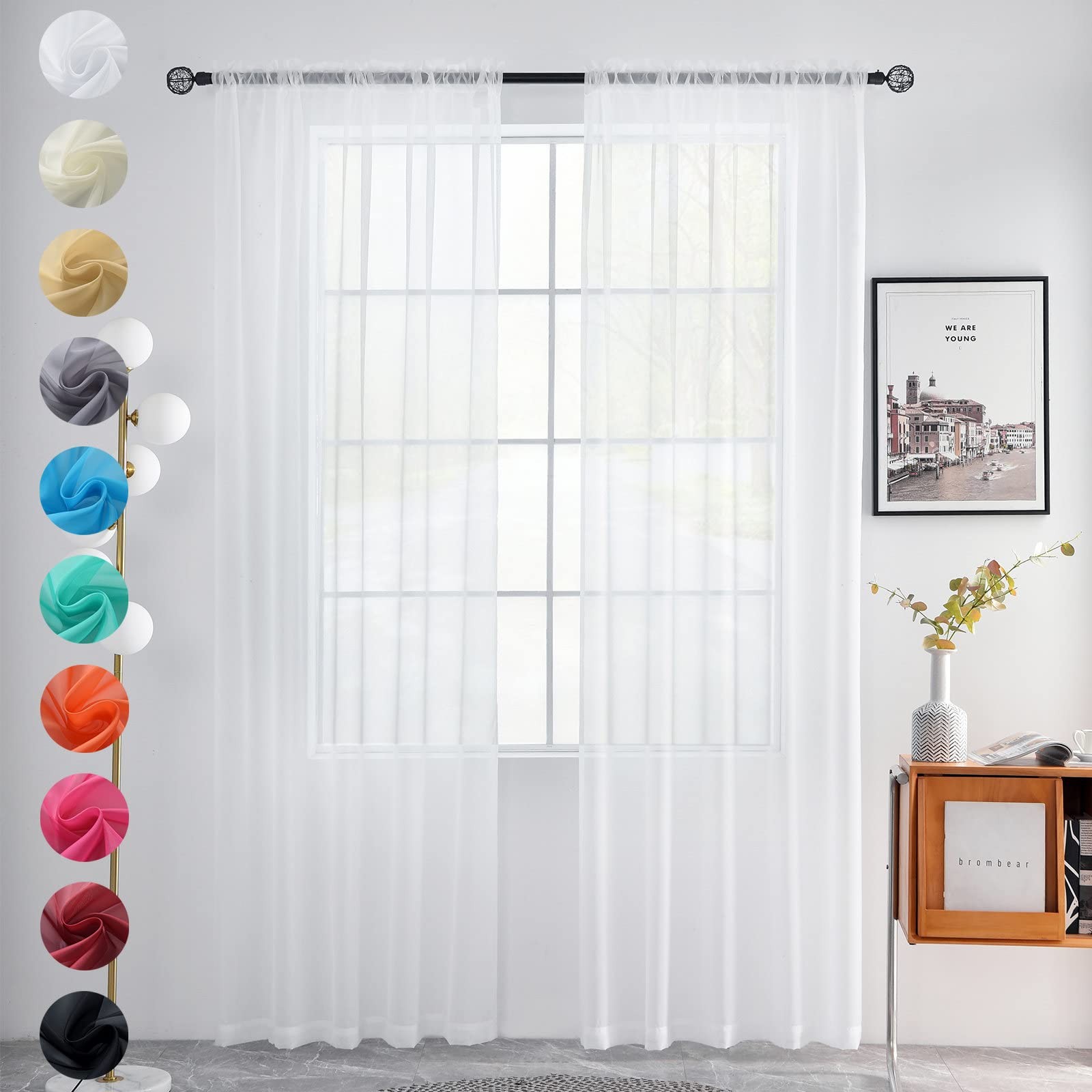 Solid Sheer Rod Pocket Curtain Voile Draperies 2 Panels White Beige Black Gre…