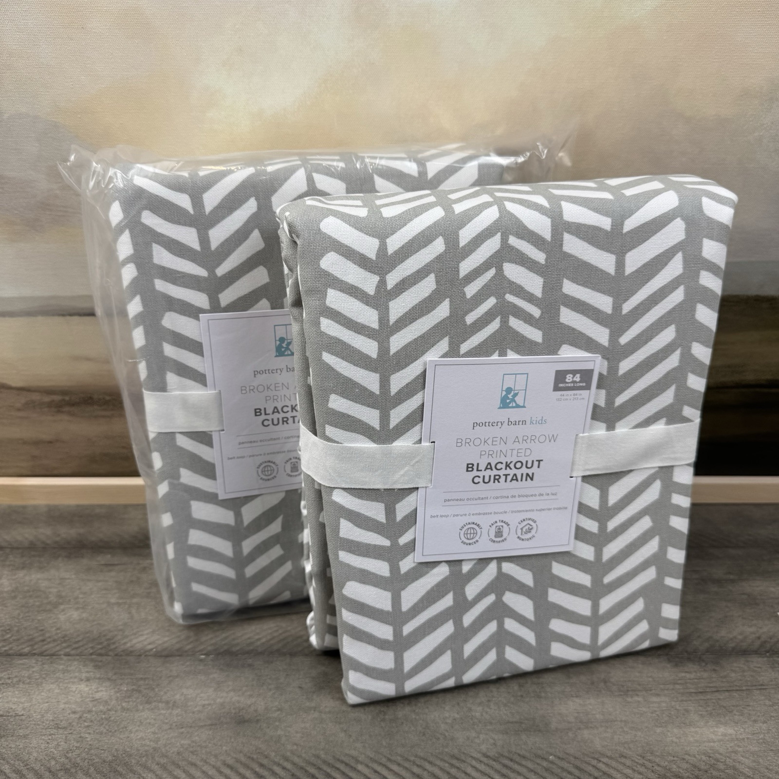 Pottery Barn Kids Broken Arrow Printed Blackout Curtains Drapes 44”x84” Gray NWT
