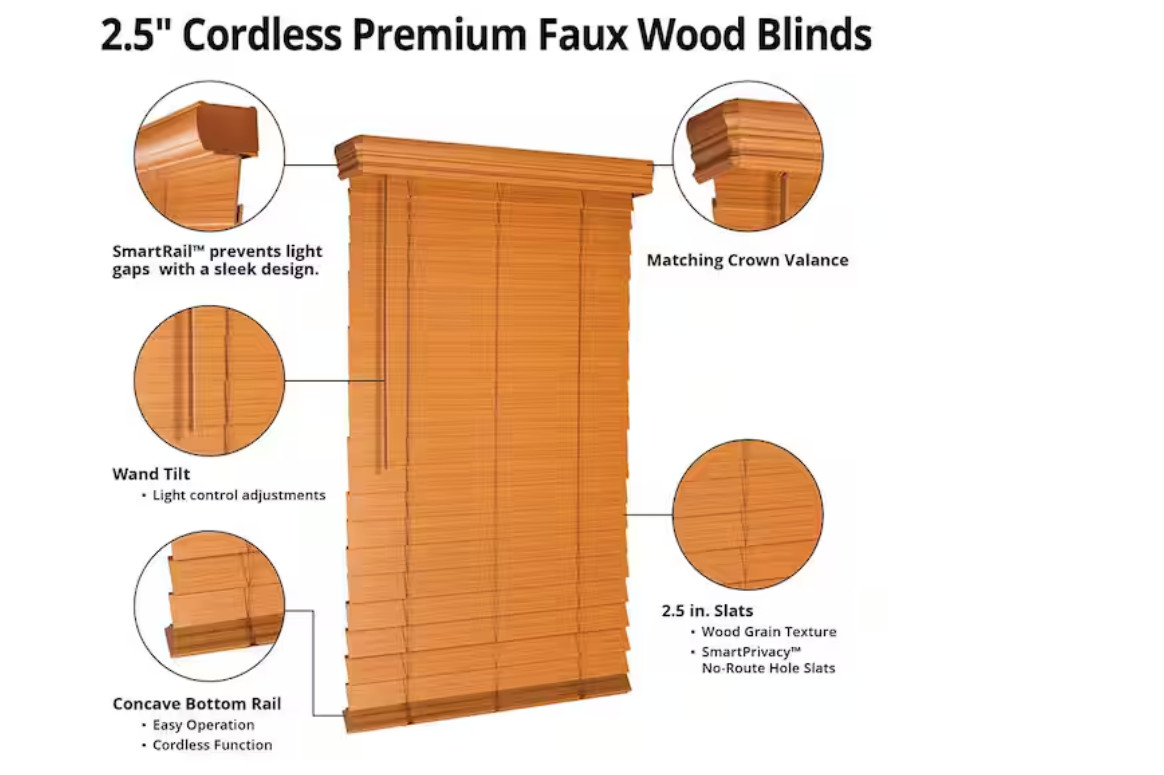 Home Decorators 23″x48″ Chestnut Cordless Premium Faux Wood Blinds