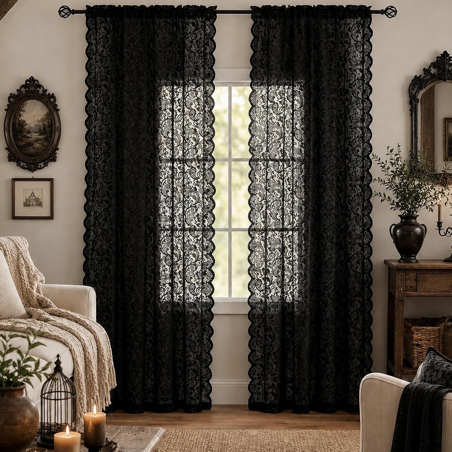 Black Lace Curtains 2 Panels 52×84 Gothic Sheer Boho Doorway Living Room