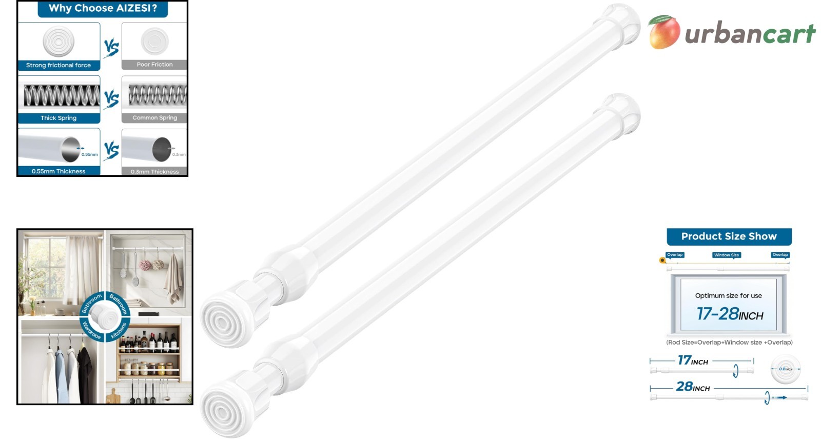 Adjustable White Spring Tension Curtain Rods – No Drill, Versatile 2-Pack