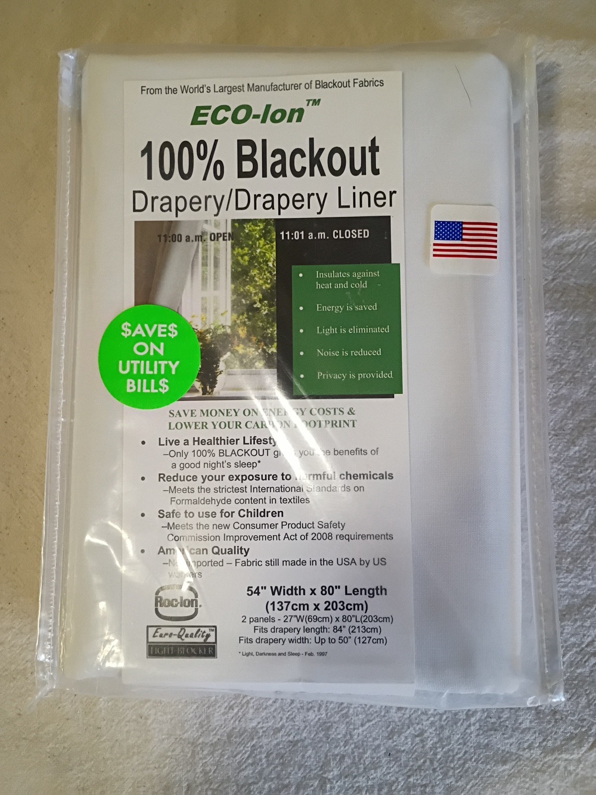 Roc-lon 100% Blackout Drapery Liner 54″ x 80″ Total Light Control
