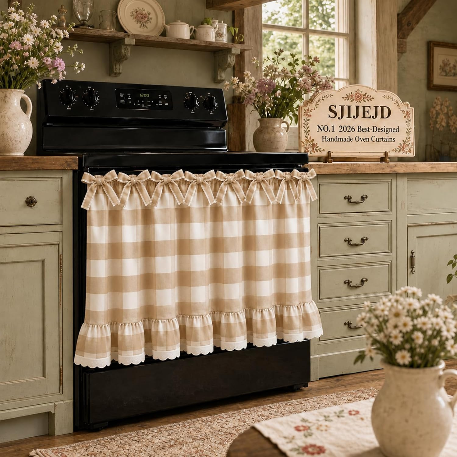 Handmade Oven Skirt Curtain Dishwasher Hidden Curtain Tie Top Ruffles and Ribbon