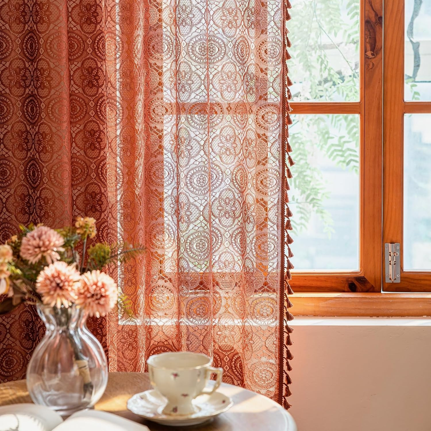 YJ YANJUN Boho Lace Curtains 84 inches Long 2 Panels -Vintage Floral Crochet She