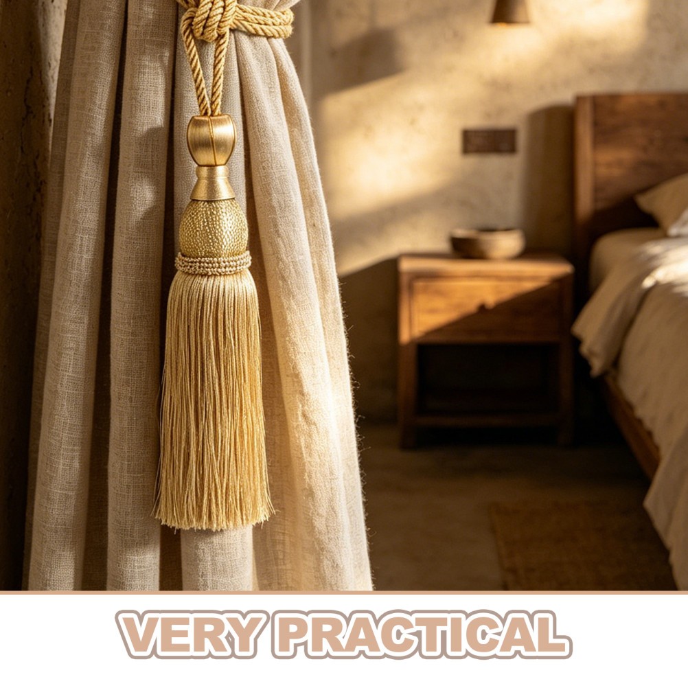 2Pcs Reusable Gold Curtain Tie Backs with Polyester Tassels for Elegant Drapery