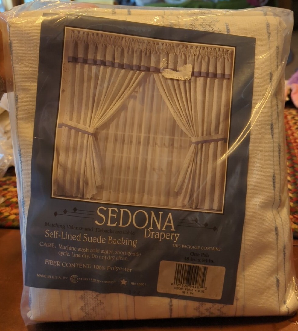 Vintage New Sedona Drapery One Pair 48 X 84″ White W/Blue Accents 100% Polyester