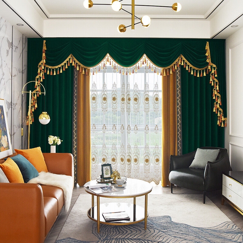 European thick luxury velvet dark green cloth curtain valance drape C1457