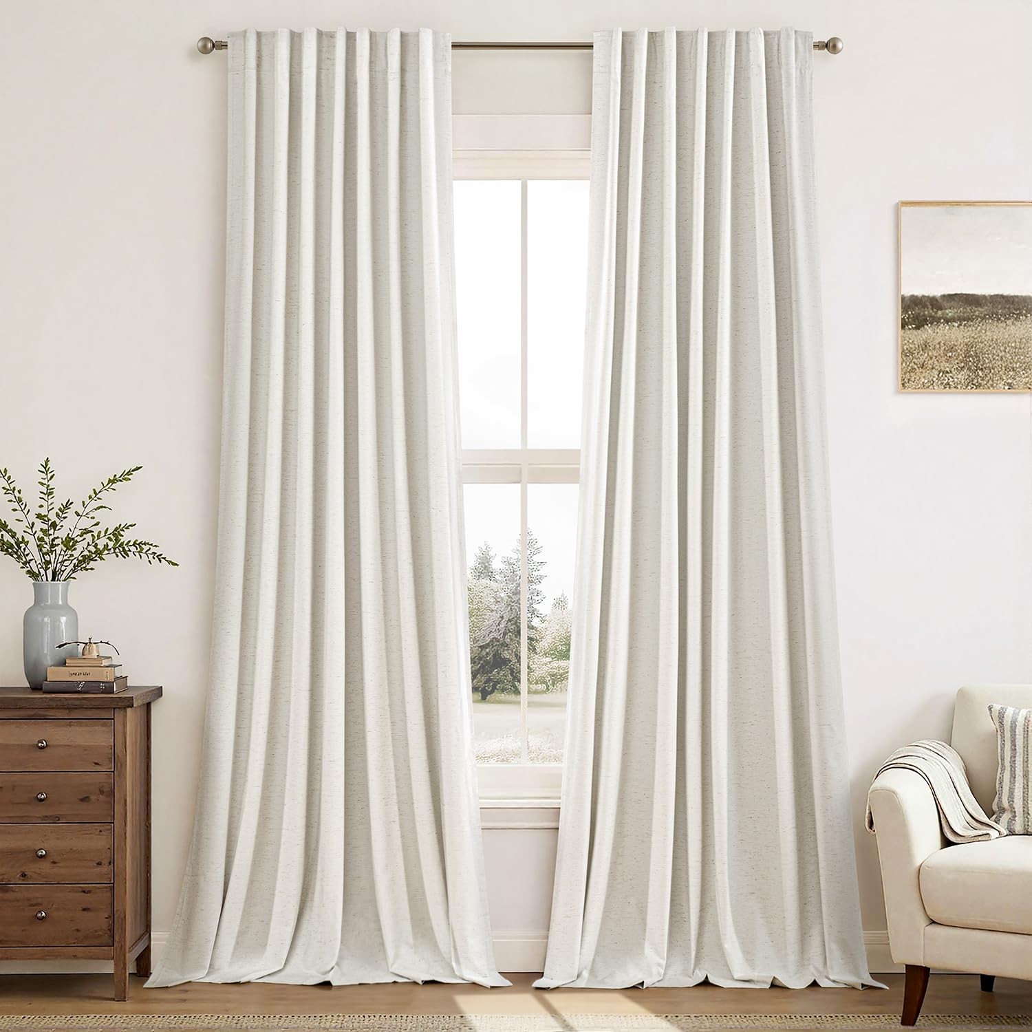 Linen 100% Blackout Curtains 120 Inch Long 2 Panels, Back Tab Pinch Pleated H…