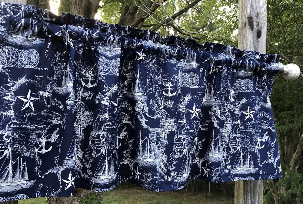 Nautical Map Valance – Navy Anchor Kitchen Curtain – Vintage Coastal Beach House
