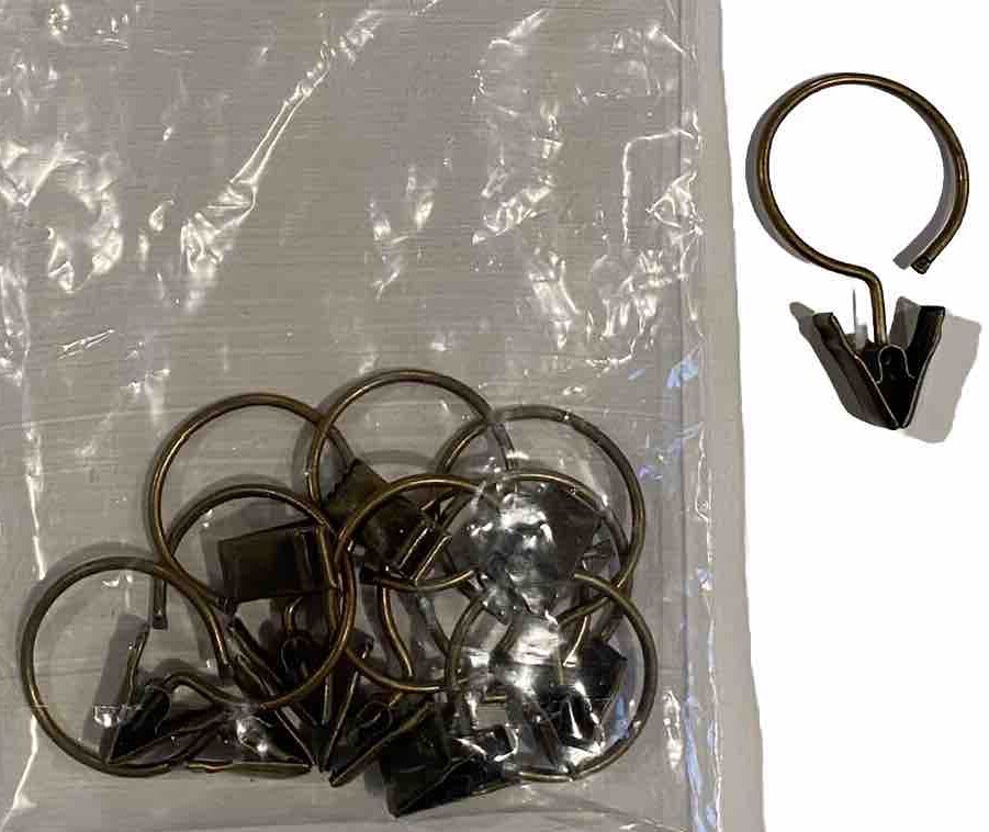 10 Tarnished Gold Brass Metal Clip Curtain Drapery Rod Rings for 1″ rod or under