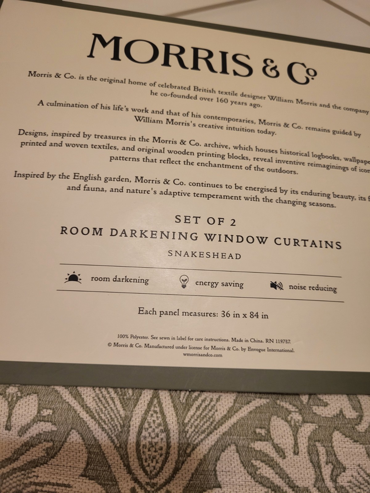 Morris & Co ‘Snakeshead’ English Garden Window Curtains Green Ivory – 36 x 84”