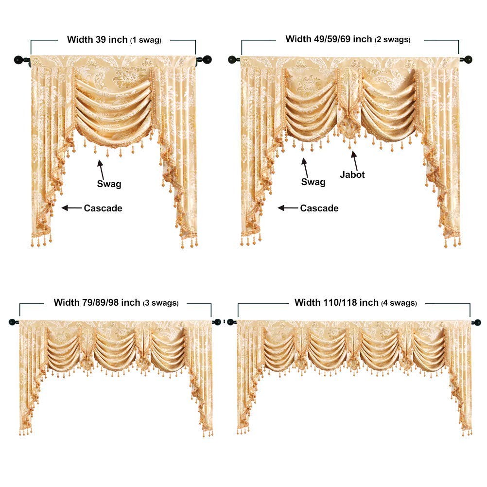 ELKCA Golden Jacquard Swag Waterfall Valance Luxury Curtain Valance for Living R
