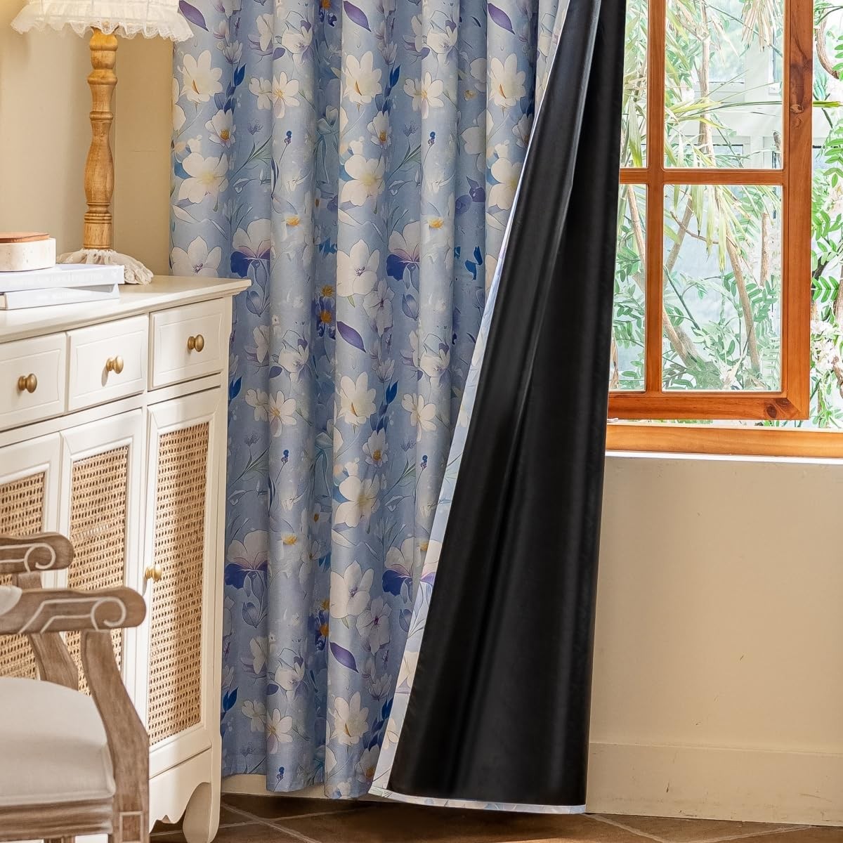 White Floral Blackout Curtains Grommet Top Drapes, 2 Panels, Blue, 52x84inch