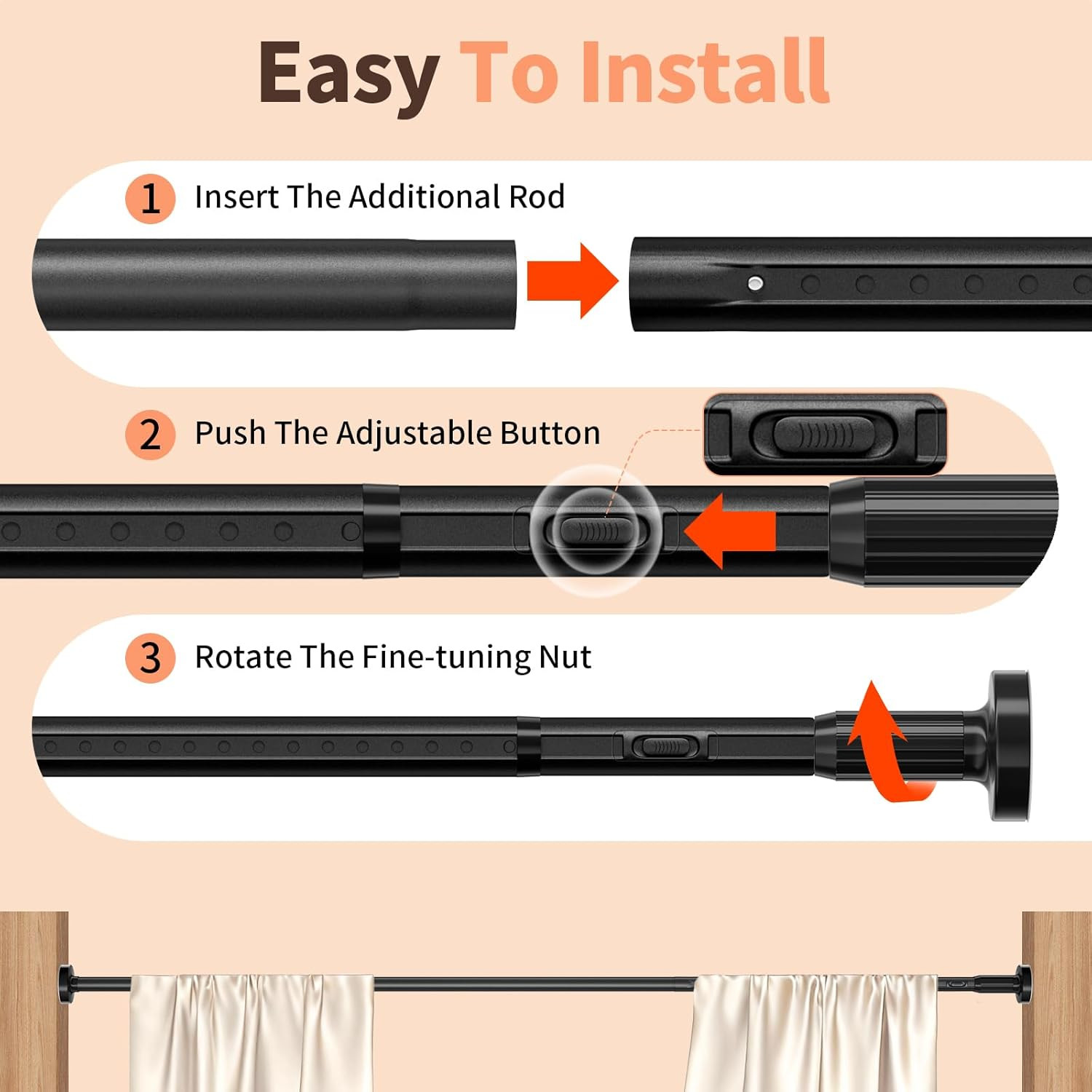 Tension Curtain Rod 41-157In-55Lb, Outdoor Extra Long Curtain Rod No Drilling fo