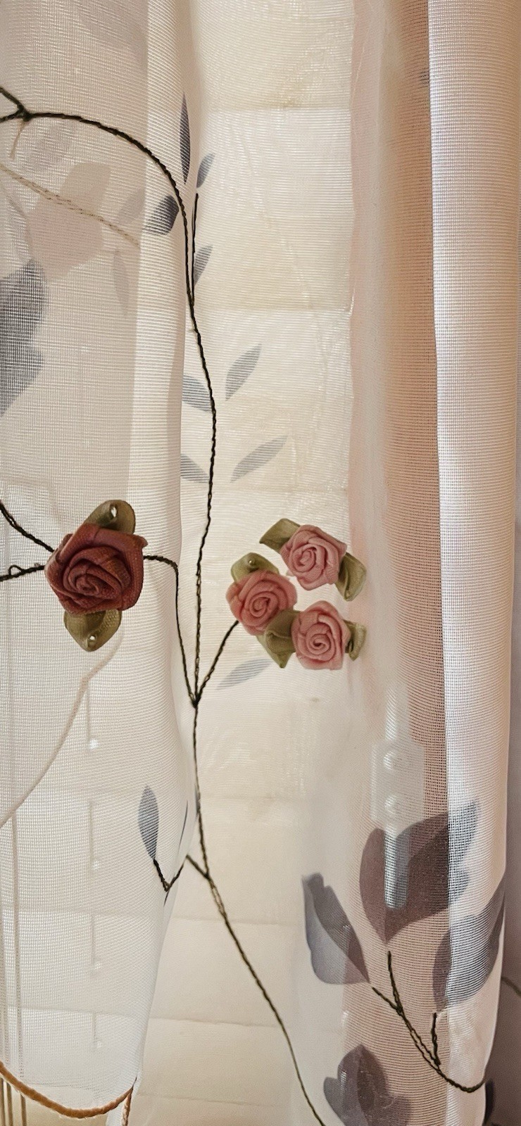 Sheer Valances Embroidered & Hand Sewn with 3D Rosebuds 2 Sets