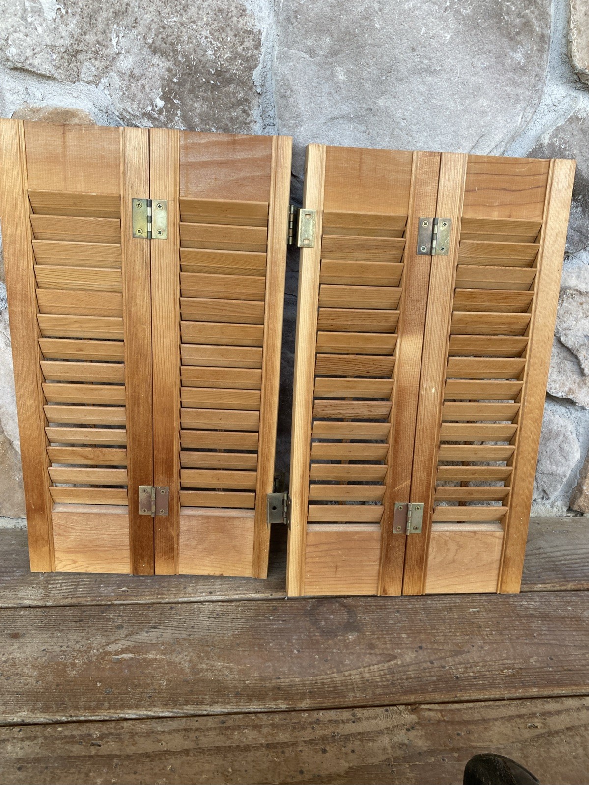 Vintage Plantation Window Shutters Set 20” Tall 23”W Wood Interior Louver Brown