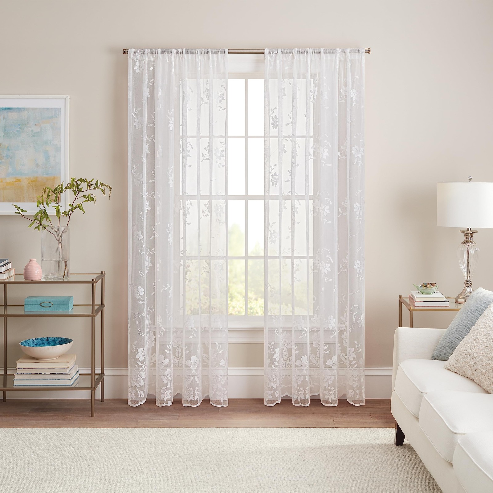 Sherry Lace Lightweight Elegant Floral Sheer Rod Pocket 54 in x 63 in White
