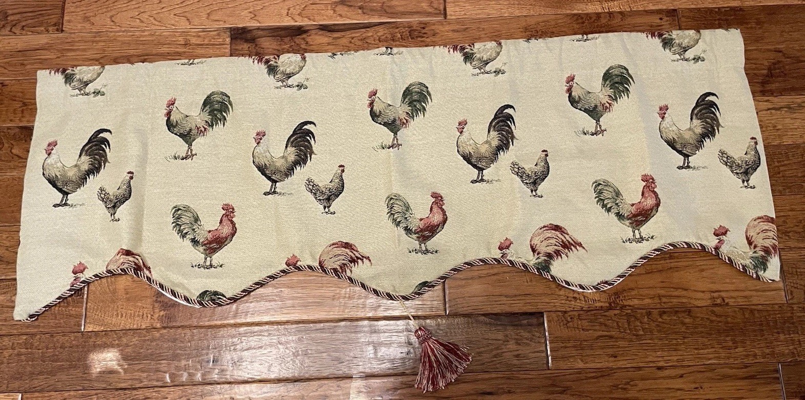(1) Chicken Rooster Valance ~Heavy Tapestry~ Rod Pocket~18×50”~Tassel Cord~