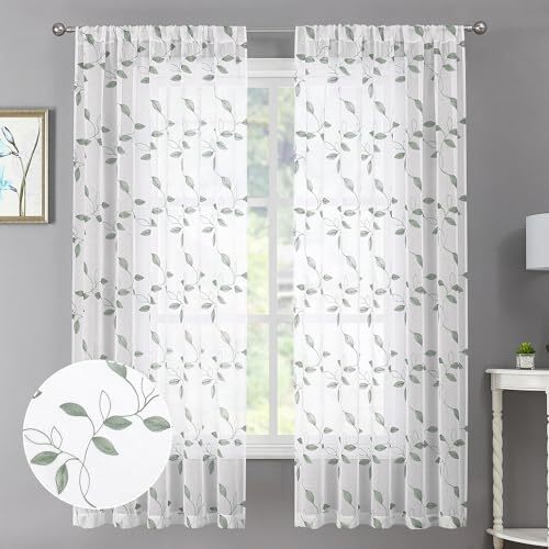 Leaf Sheer Curtain Leaves Embroidered 38″W x 63″L (Pack of 2) Sage Green