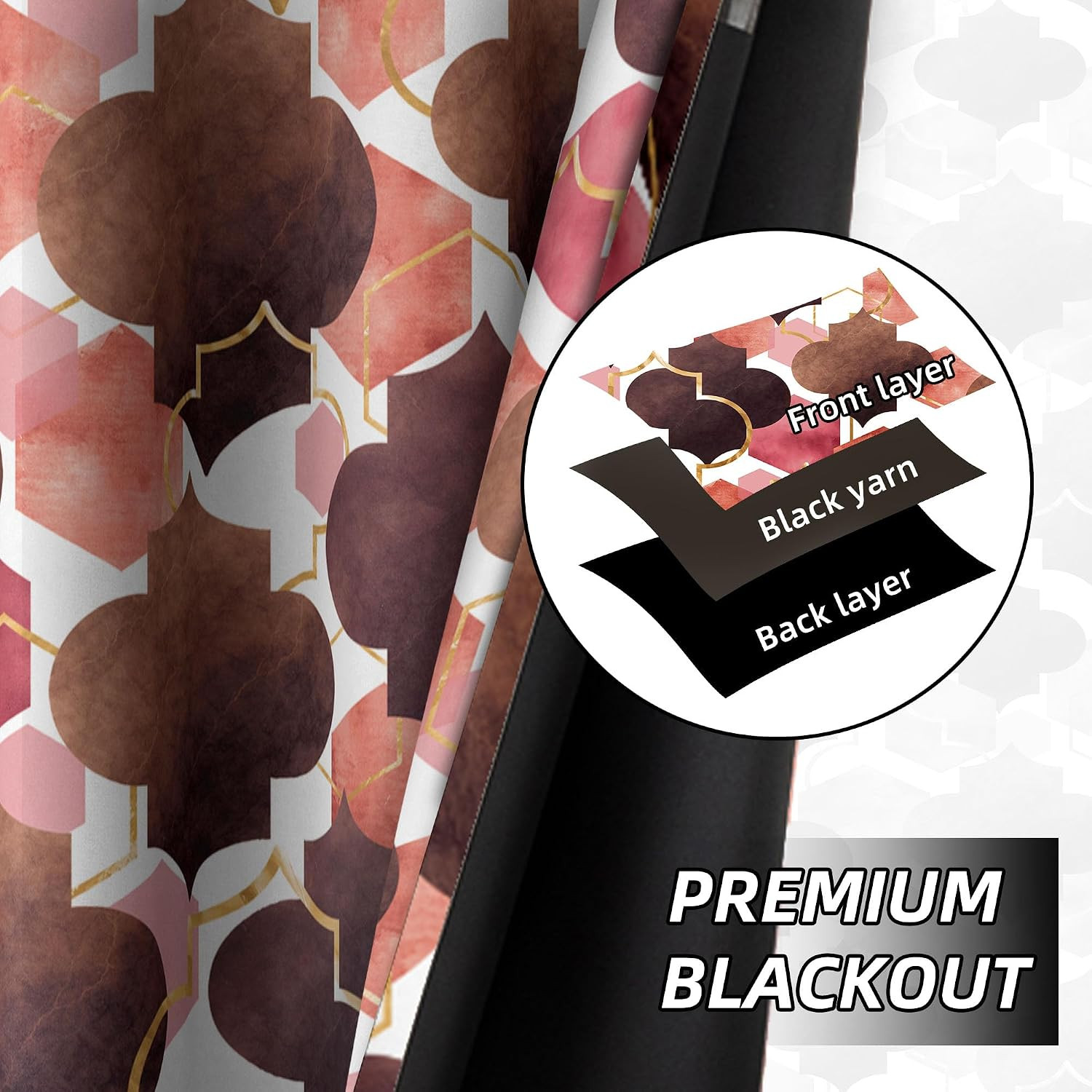 Moroccan 100% Blackout Curtains for Bedroom Brown Red Abstract Geometric Black O