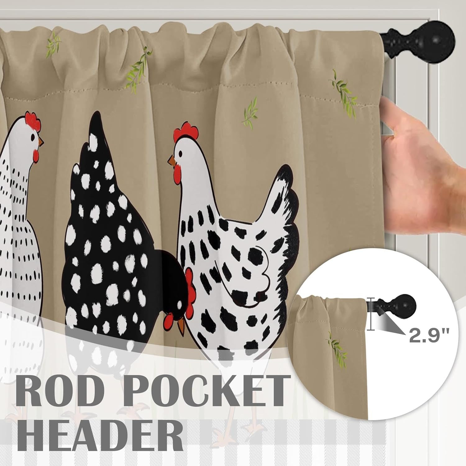 2 Pack Valances Window Treatments, Black White Rooster Farmhouse Funny Chicken B