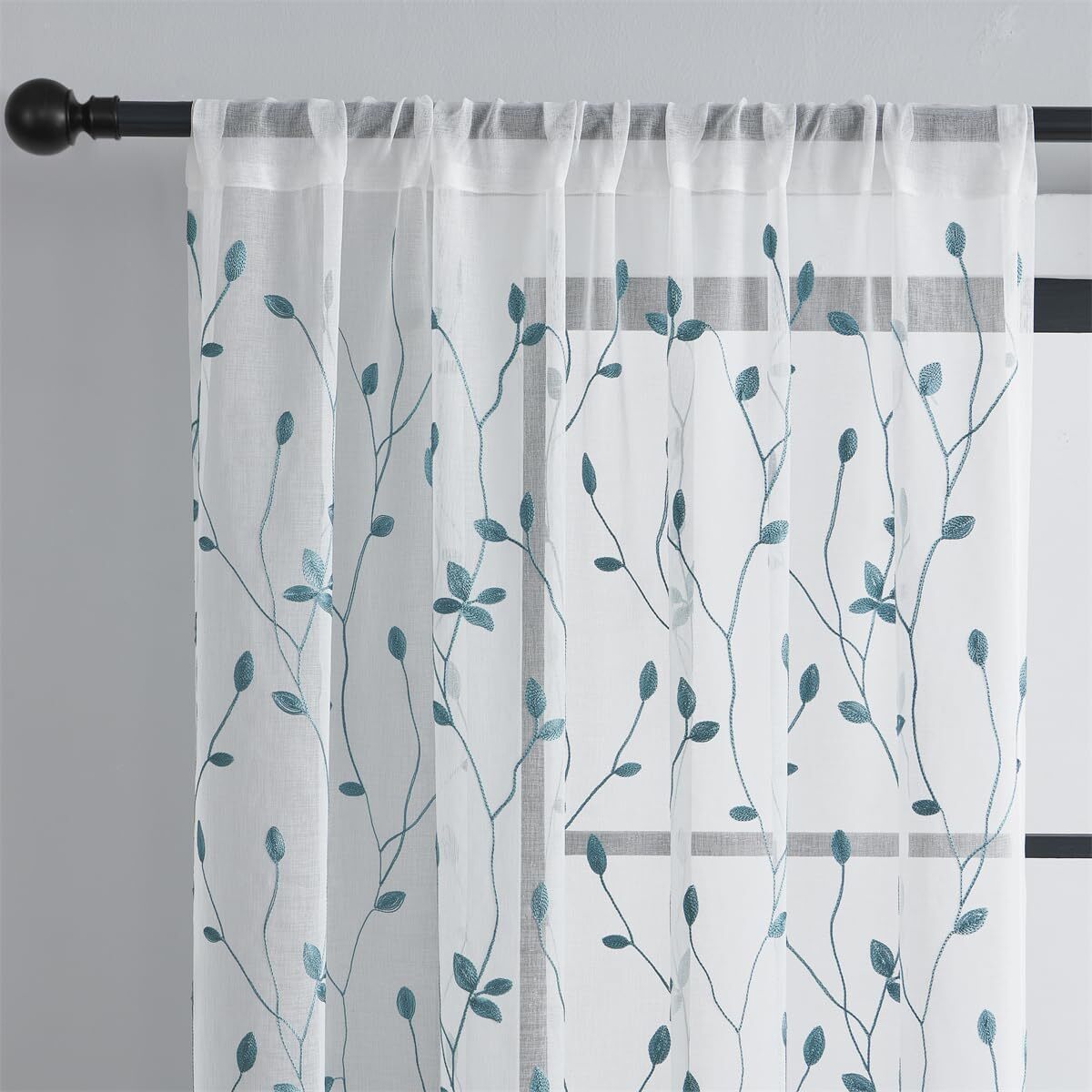 2 Panels Leaf Embroidered Sheer Curtains, Voile Rod Pocket Textured Drapes