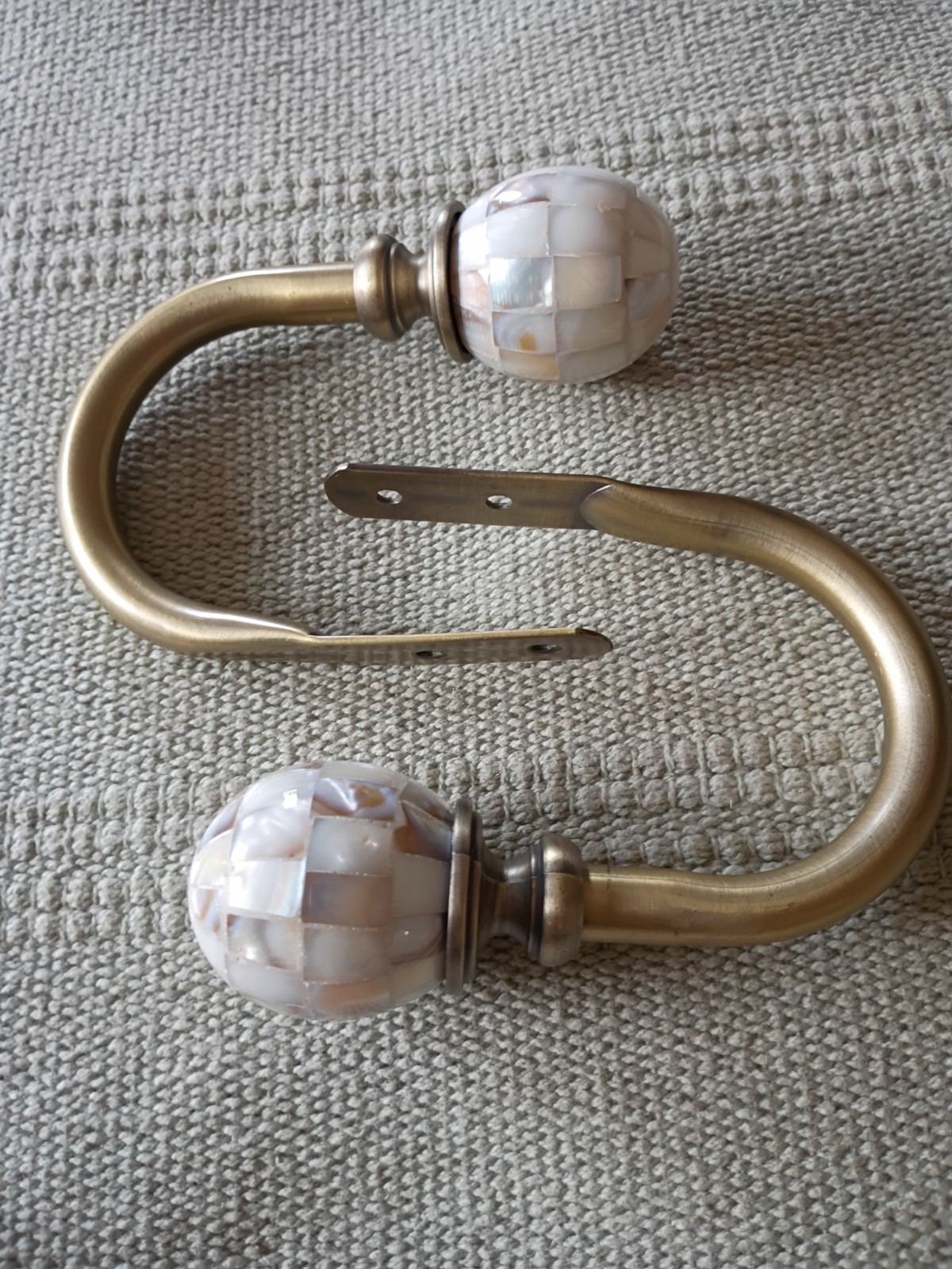 Pair Vtg Curtain Tiebacks Holdbacks Faux Mother of Pearl Aged Brass