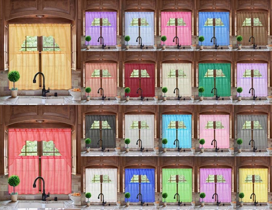 3PC ELEGANT SHEER ORGANZA KITCHEN ROD POCKET WINDOW CURTAIN TREATMENT SET