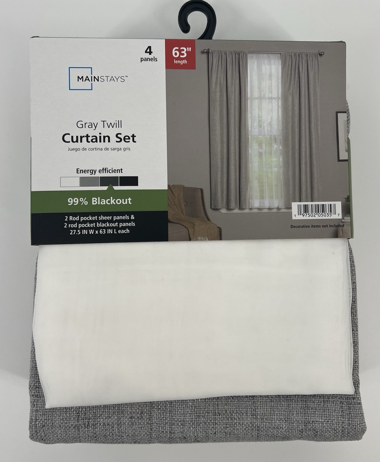 63” Gray Twill Curtain Set 4 Panel Blackout 27.5”W x 63”L Rod Pocket Mainstays