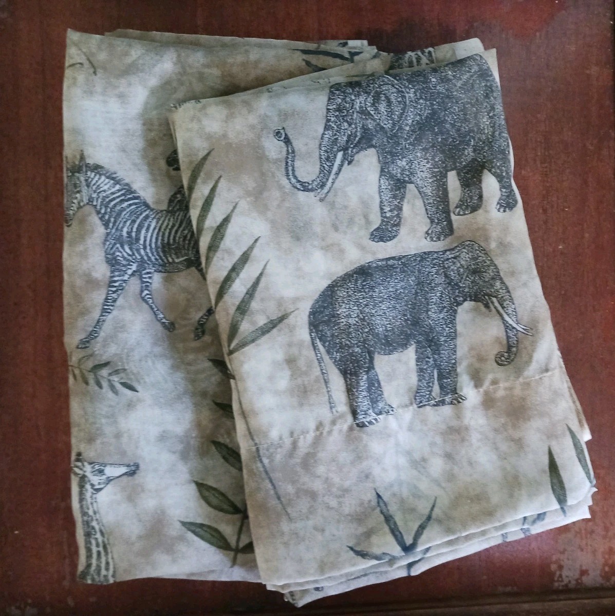 2 Waverly Sheer Panels Khaki Charcoal Jungle Safari Giraffe Elephant Lion 60×86