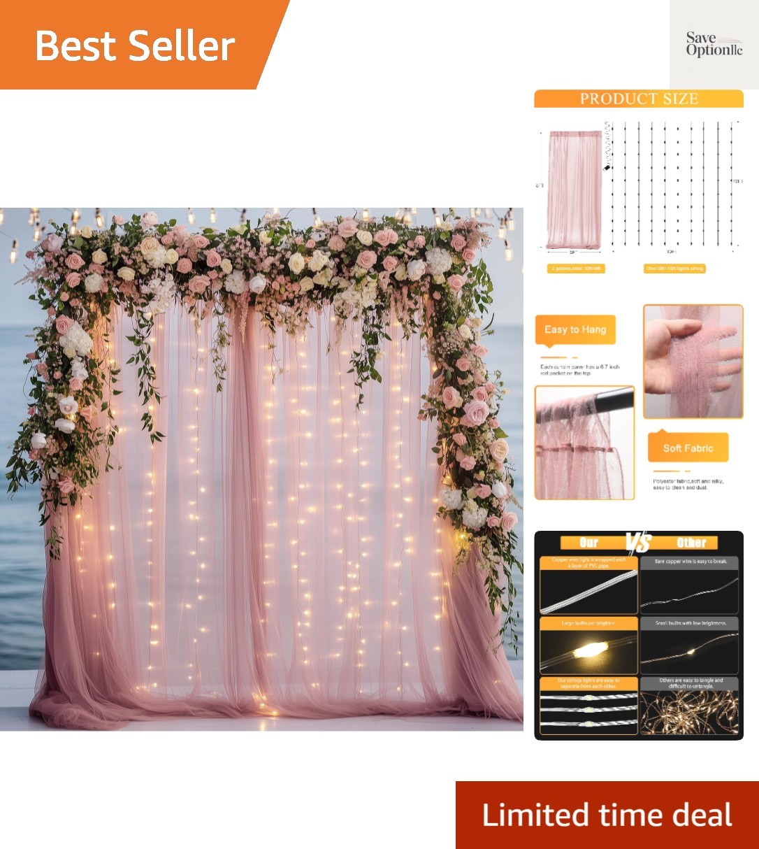 Tulle Backdrop Curtains with Lights Dusty Rose 10x8ft Sheer Curtain