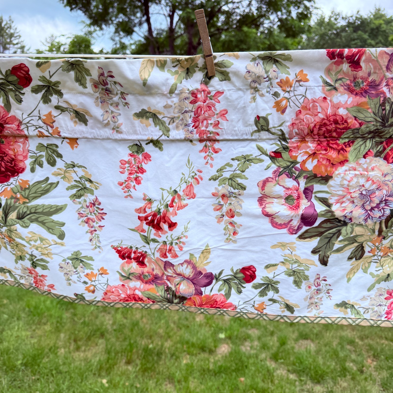 Vintage Window Valance Cabbage Roses Floral 18 X 84in Cotton Plaid Trim USA