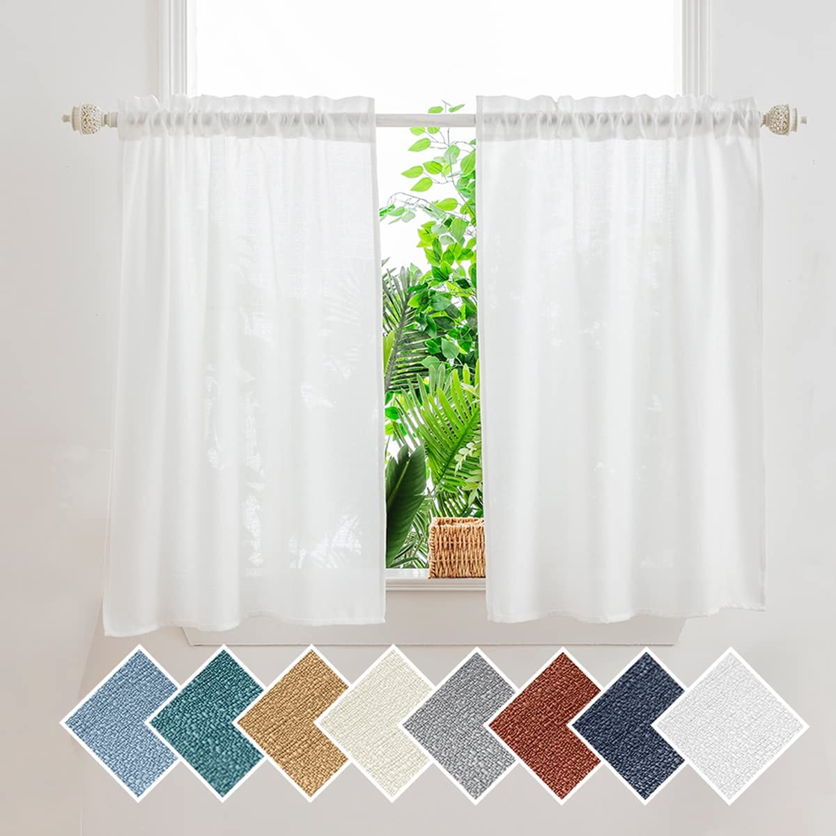 Yancorp White Kitchen Tier Curtains 24 inches Length Linen Textured Short Farmho