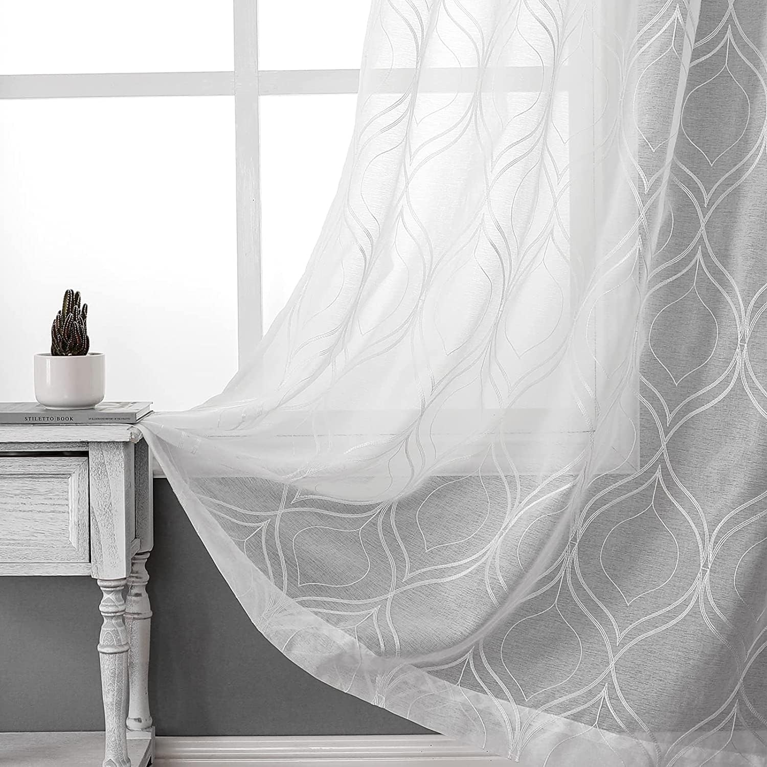 VISIONTEX White Sheer Curtains 108″ L, 2 Panels Moroccan Embroidered
