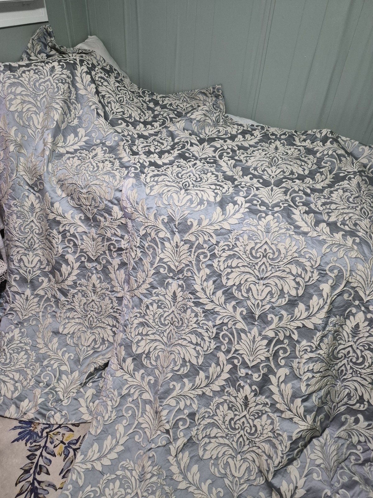 J Queen Pair Of Aqua Blue & Cream Color Damask 48 X 84 Curtain Panels