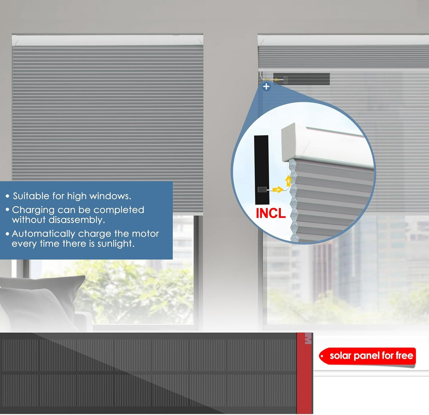 Smart Motorized Blackout Cellular Shades with Remote & Free Solar Panel, Grey 31