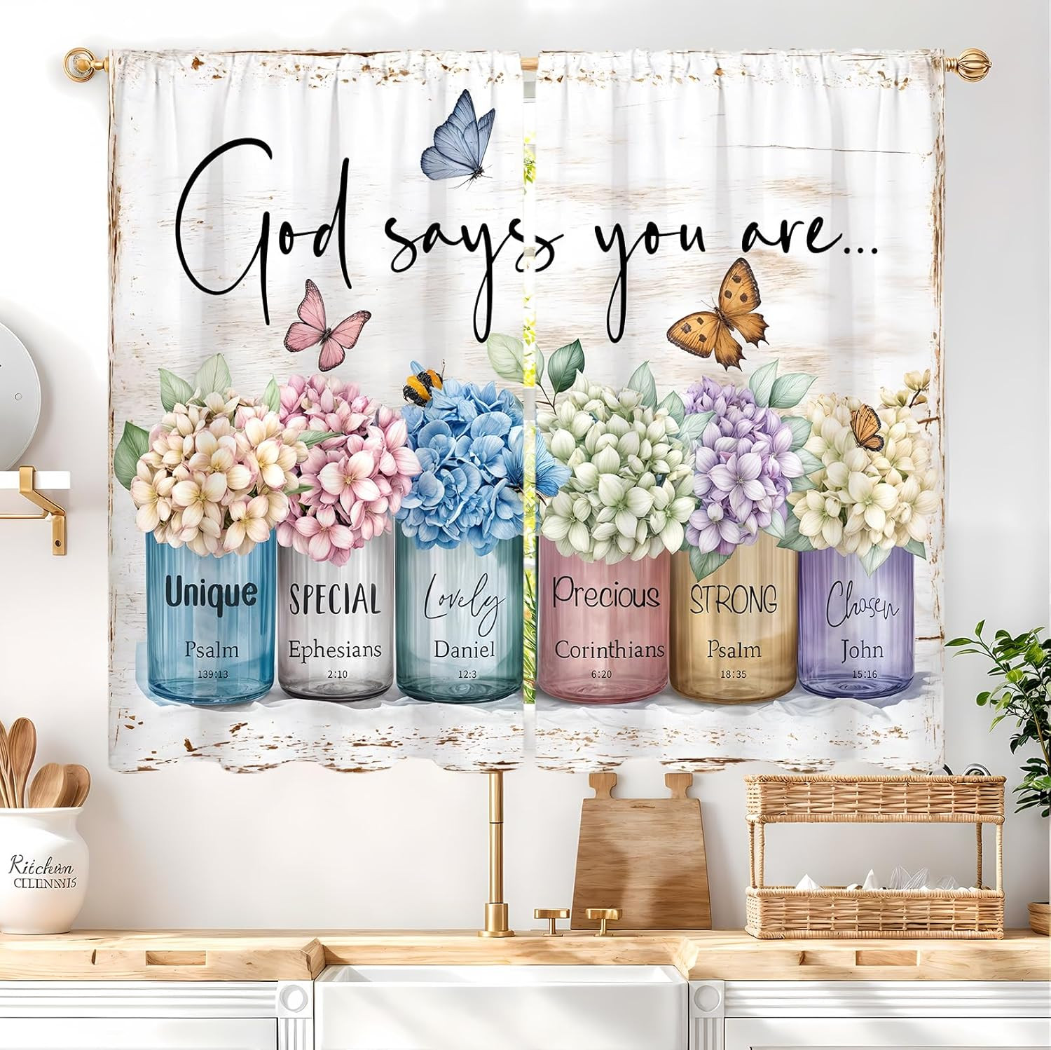 Hydrangea Religious Floral Kitchen Curtain 27.5W X 39L Inch 2 Panels Rod Pocket