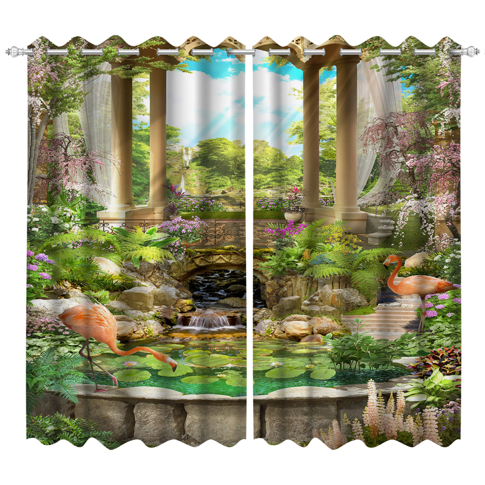Green Leaf Pink Flamingo 3D 2 Panels Window Curtains Blockout Drapes Fabric