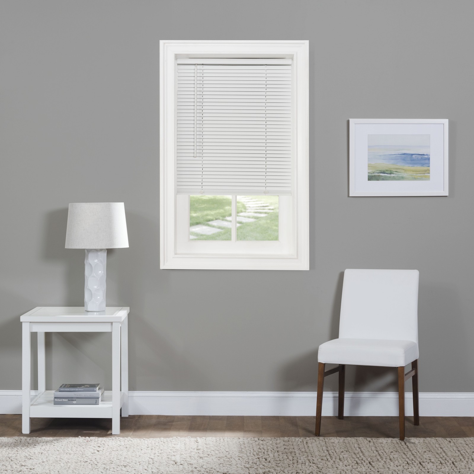 Indoor Cordless Vinyl Light Filtering Window Mini Blind, Pearl White,64″ Lx52″ W