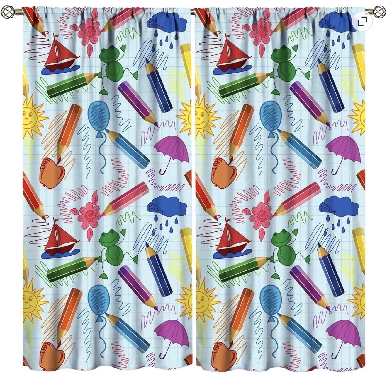 Curtains School Kids Room Pencil Frog Sun Balloon Umbrella Primary Apple