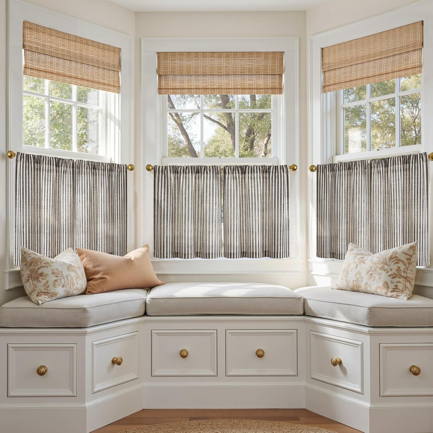 Striped Linen Kitchen Tier Curtains, 20 Inch, Jet Black, 2 Panels | Light-Filter