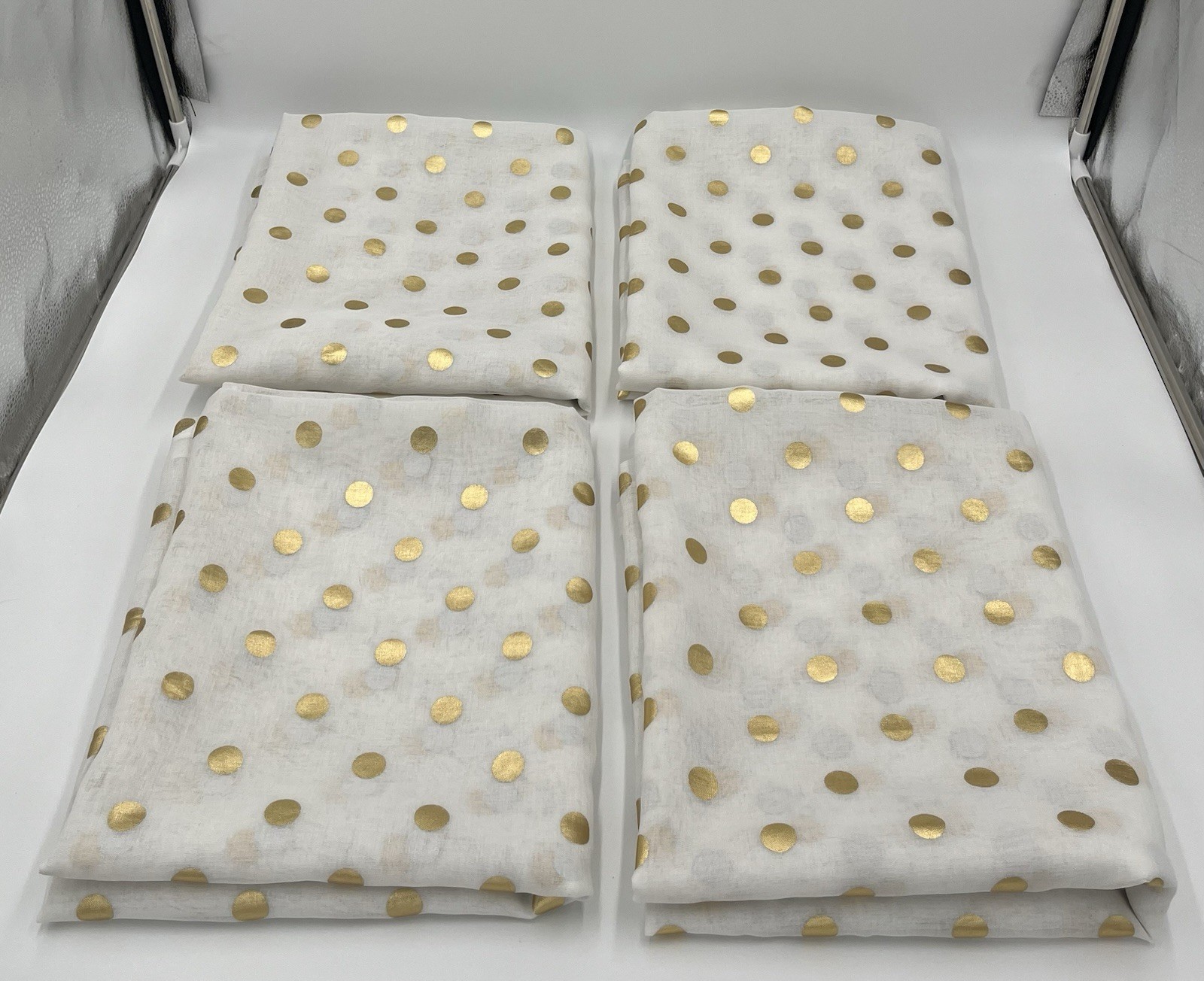 Your Zone Sheer White Gold Metallic Dot Set Of 4 Curtain Panels 50″ W x 84″L EUC